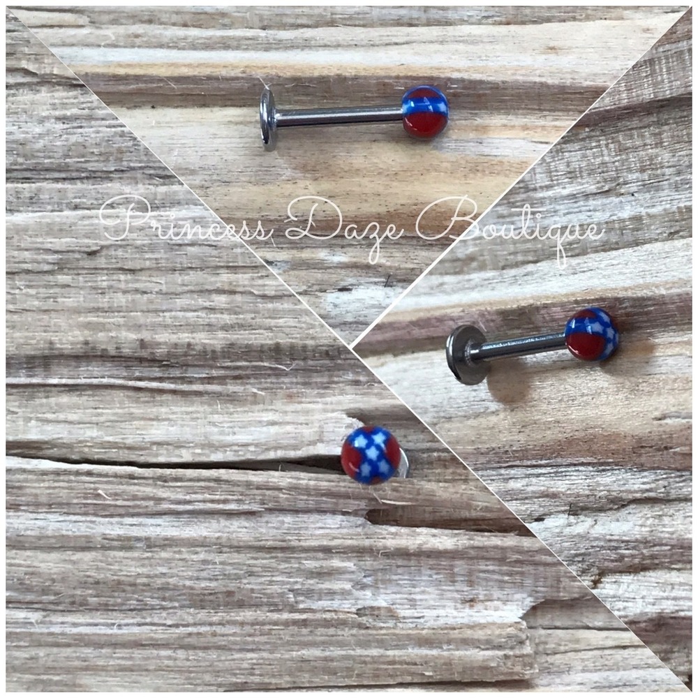 Red White Blue Checkerboard Lip Stud Flat Back Earring Body‎ Jewelry